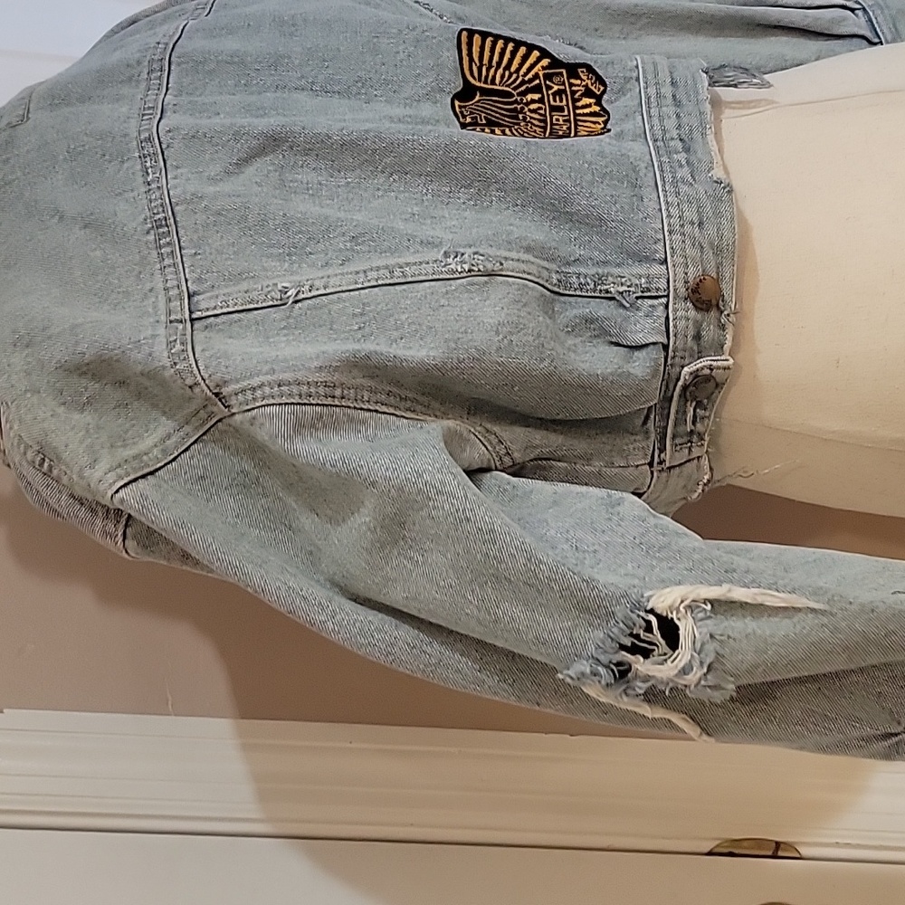 Denim Jacket- Crop Style- Vintage 90's Paris Blue Small-Distressed - Picture 5 of 10